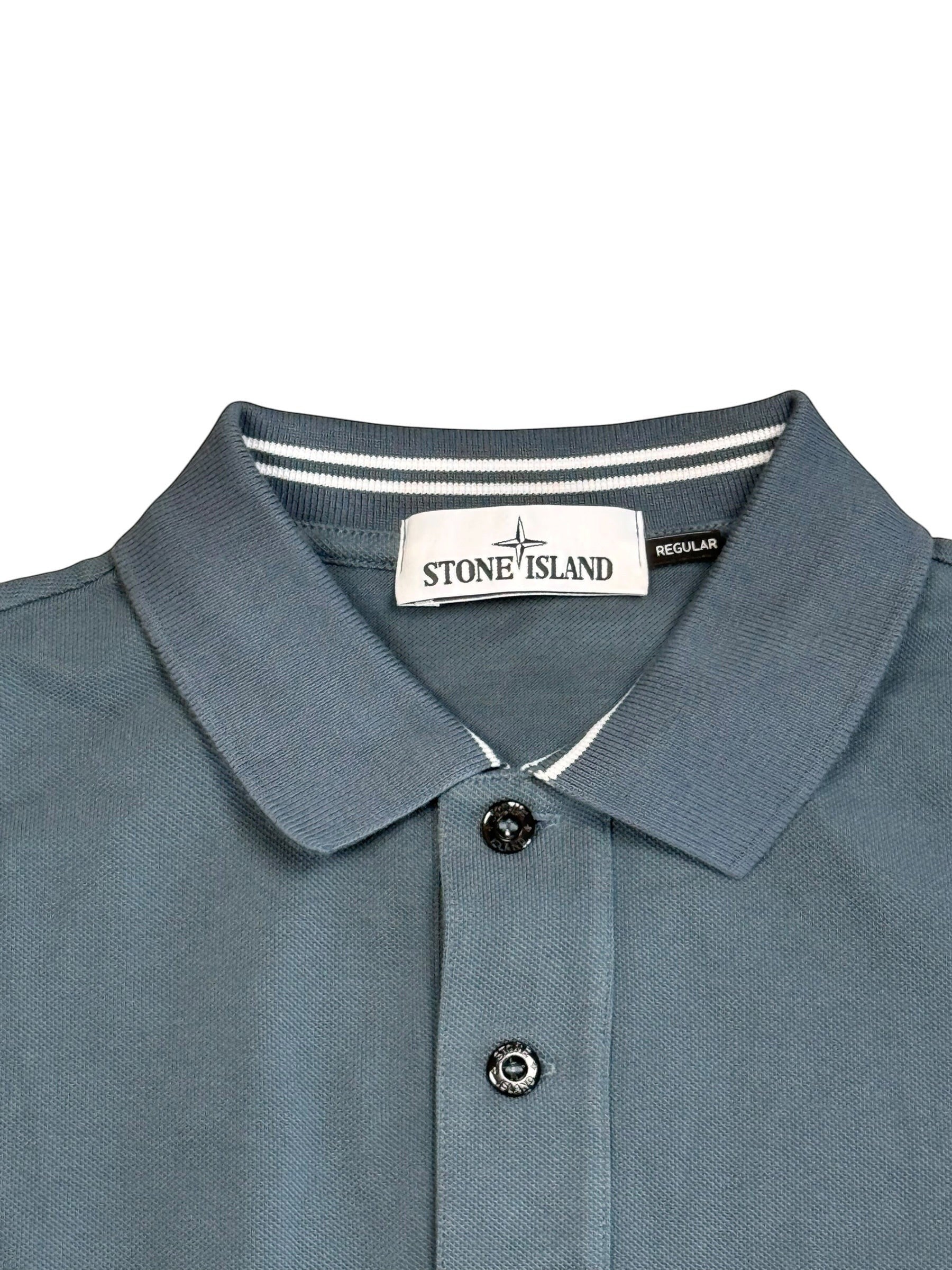 Archive No.9 Stone Island blue cotton polo shirt with striped collar detail and branded buttons