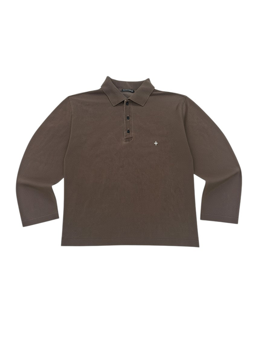 Archive No. 9 Stone Island long sleeve polo shirt in brown, size Small. Features a classic collar, button placket, and embroidered logo detail.