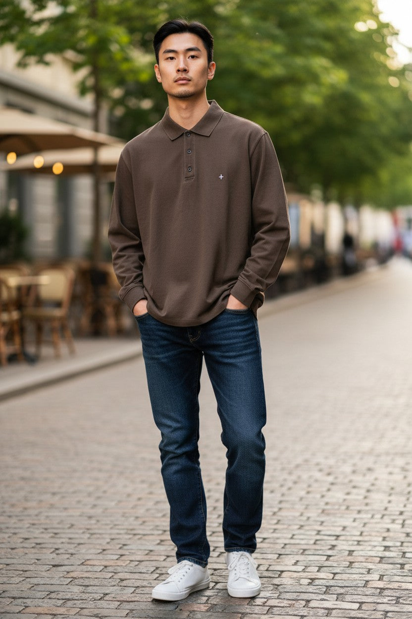 Archive No. 9 Stone Island long sleeve polo shirt in brown, size Small. Features a textured knit and subtle white logo.