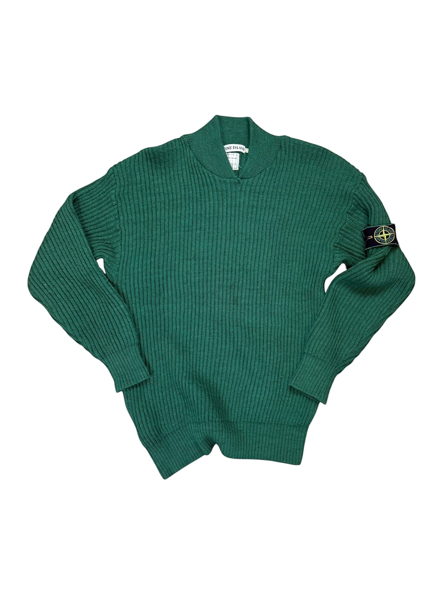 Archive No. 9 90s Stone Island green heavyweight knit jumper with iconic green edge badge on sleeve, size M.