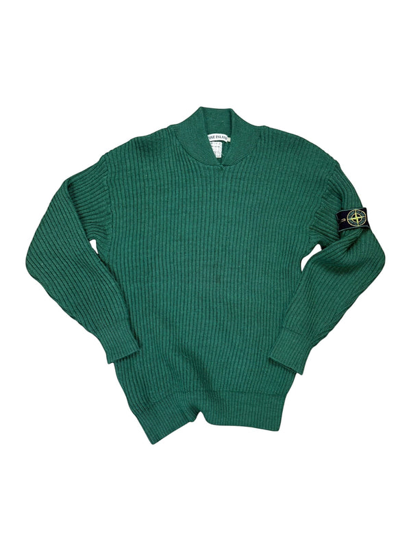 Archive No. 9 90s Stone Island green heavyweight knit jumper with iconic green edge badge on sleeve, size M.