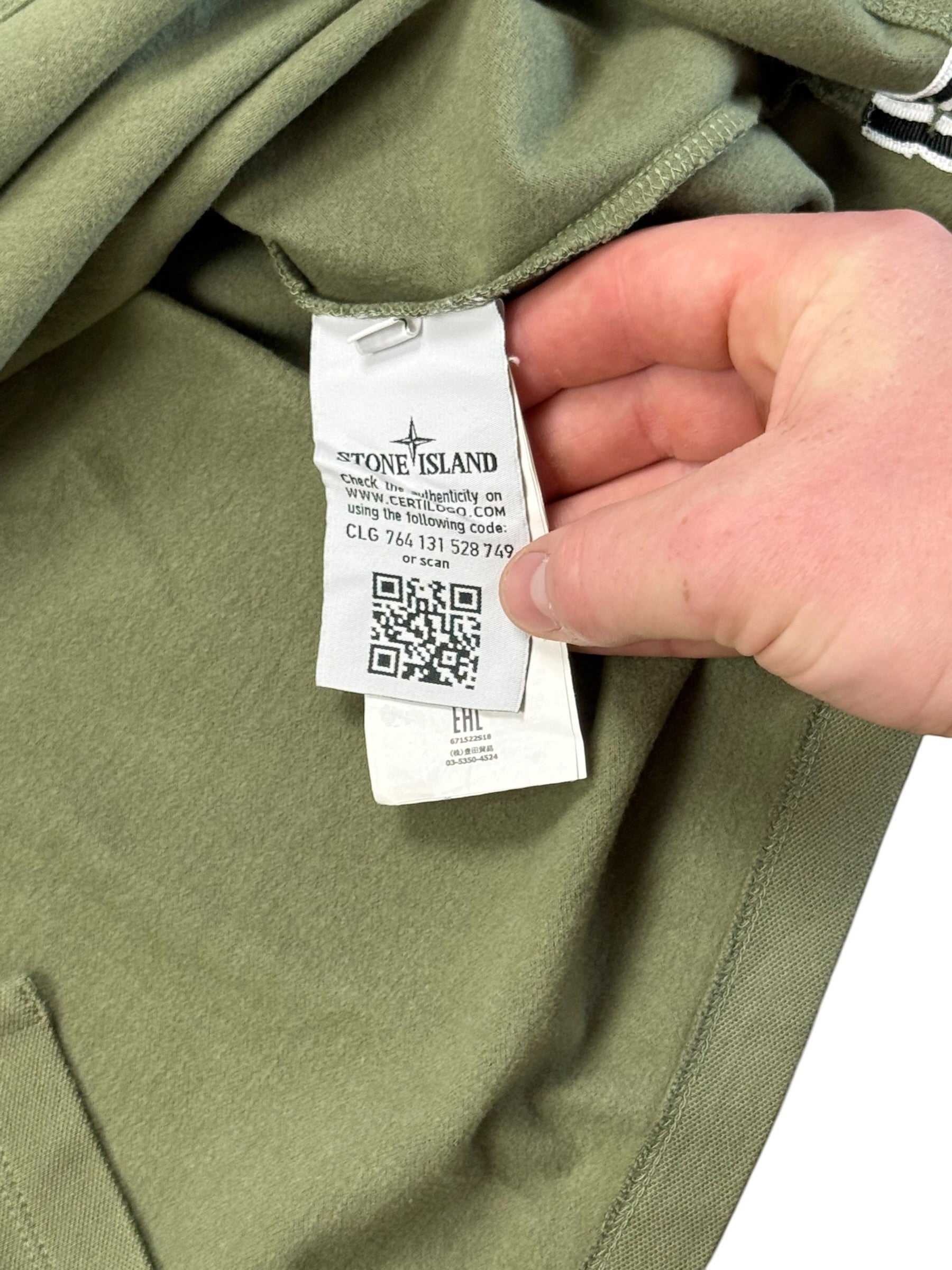 Archive No.9 Stone Island green cotton polo shirt interior Certilogo authenticity tag and QR code