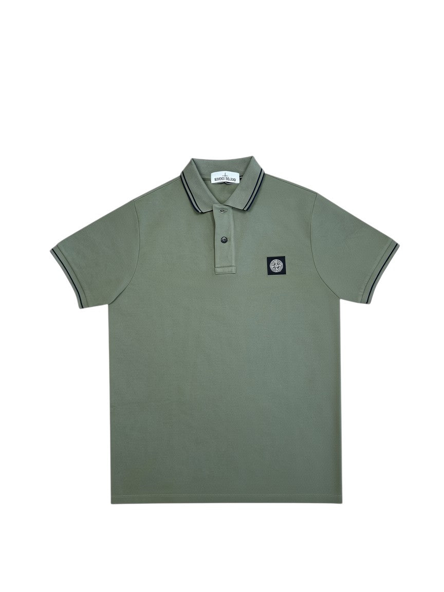 Archive No.9 Stone Island green slim fit cotton polo shirt with iconic compass logo patch on the chest.