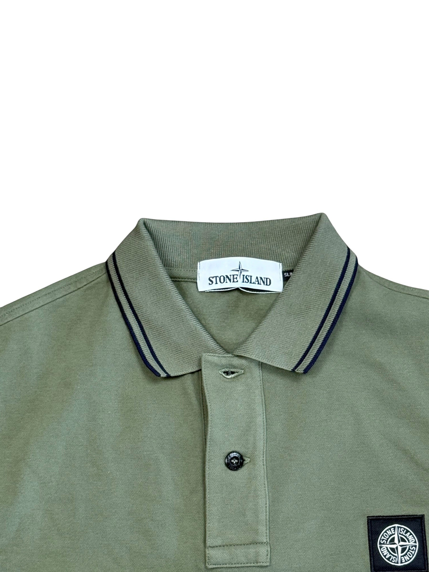 Archive No.9 Stone Island green cotton slim fit polo shirt with collar tipping and chest compass logo