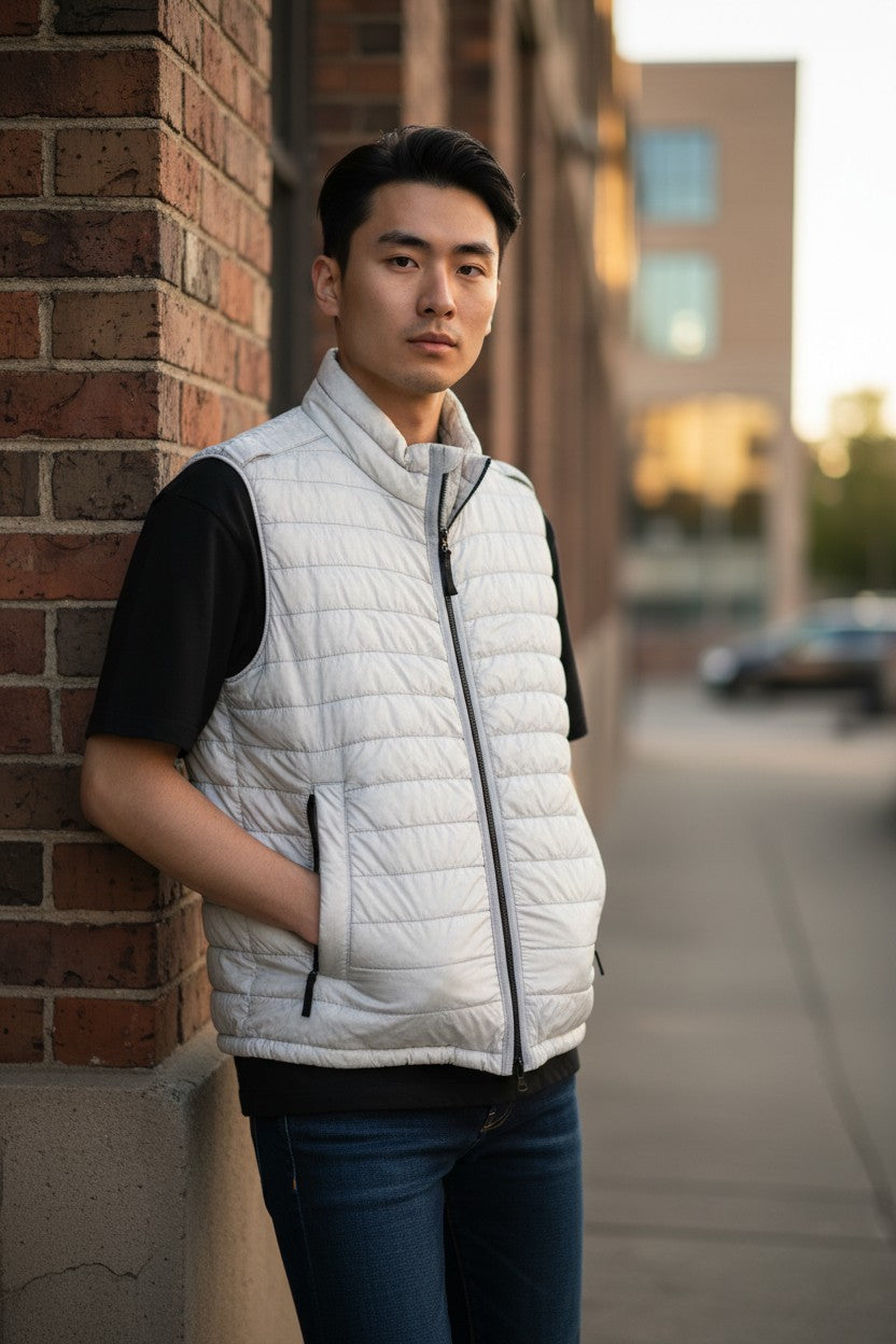 Archive No.9 Stone Island grey and white garment-dyed quilted body warmer vest with zip front and badge option.