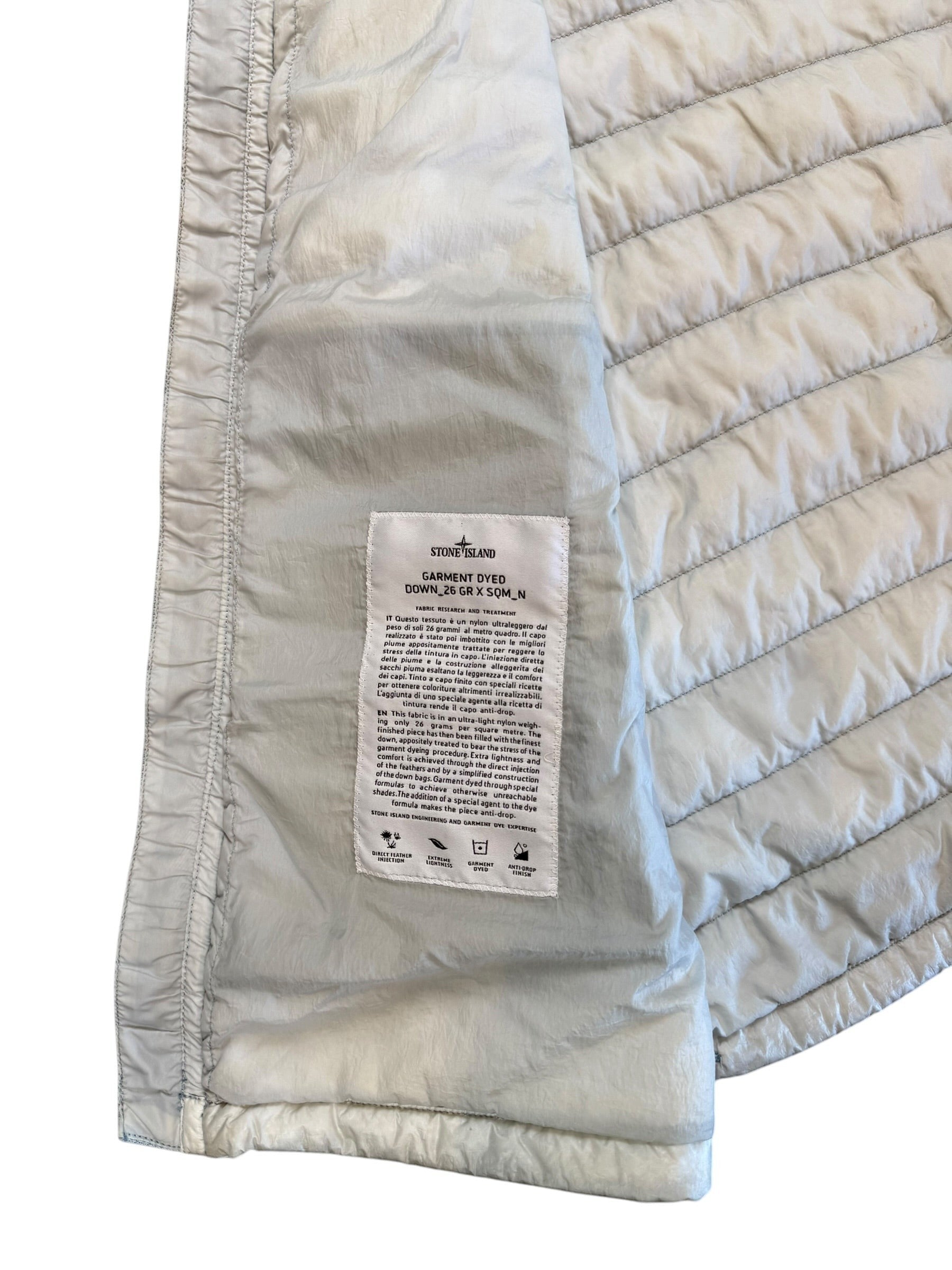 Archive No.9 Stone Island grey garment-dyed body warmer, size L. Lightweight nylon with quilted stitching and badge option.