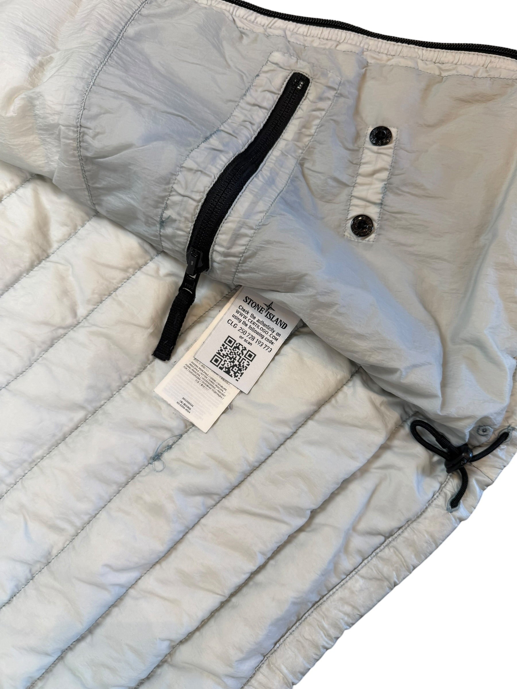 Archive No. 9 Stone Island grey garment-dyed body warmer with zip pocket and button details. Size L.
