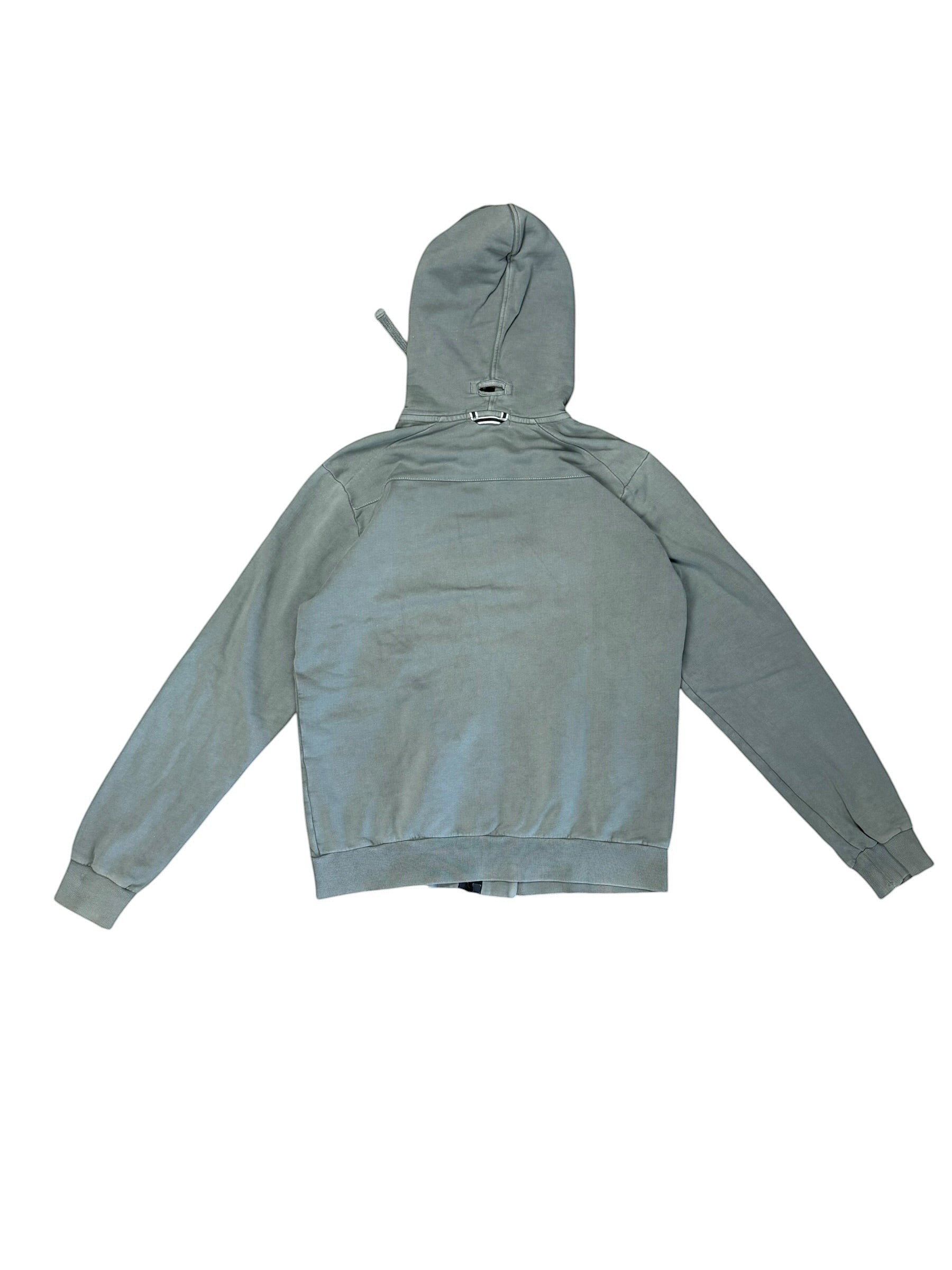Archive No. 9 Stone Island grey cotton zip-up hoodie with embroidered compass logo, size S.