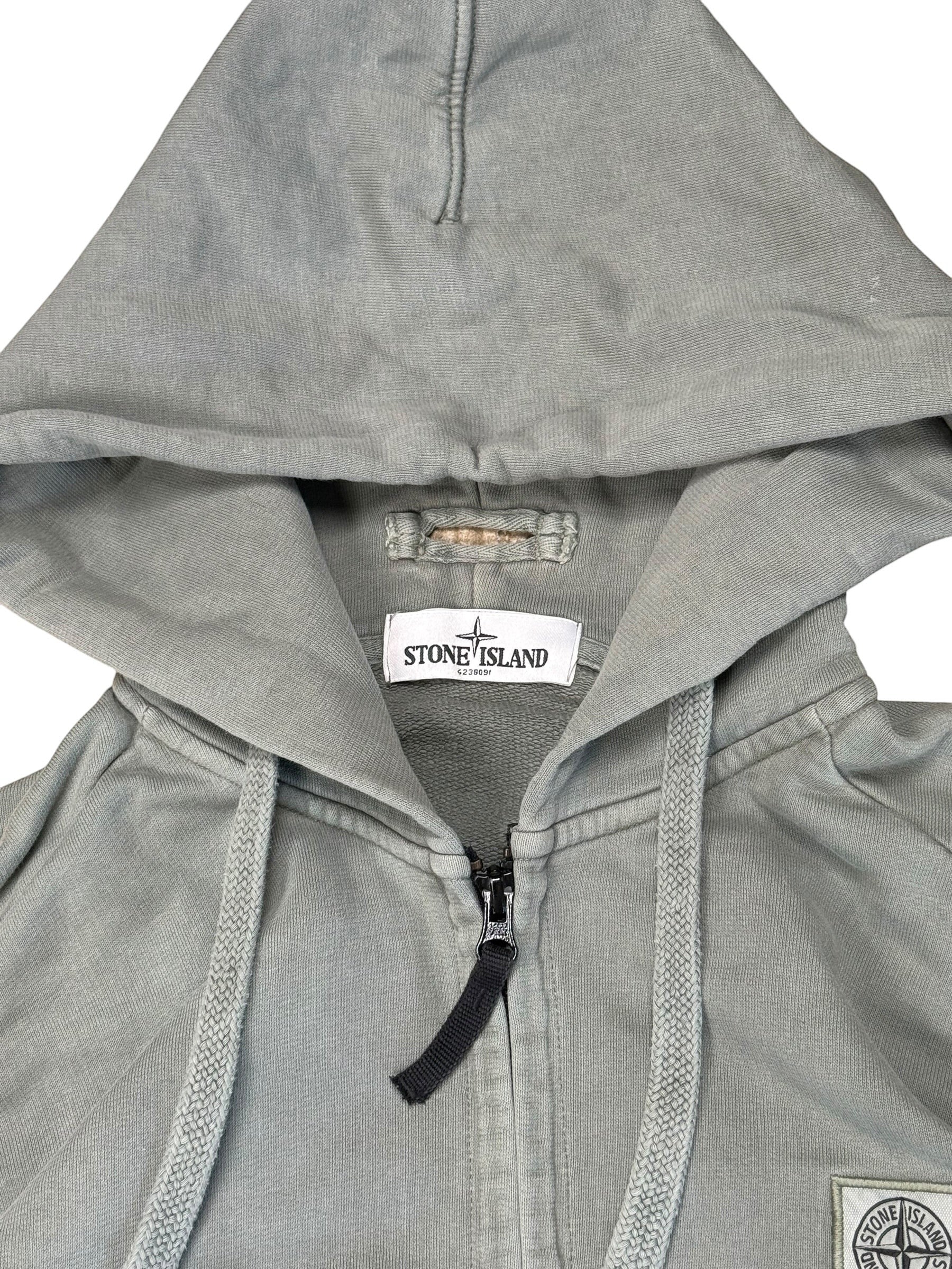 Archive No. 9 Stone Island grey cotton zip-up hoodie with embroidered compass logo on chest, size S.