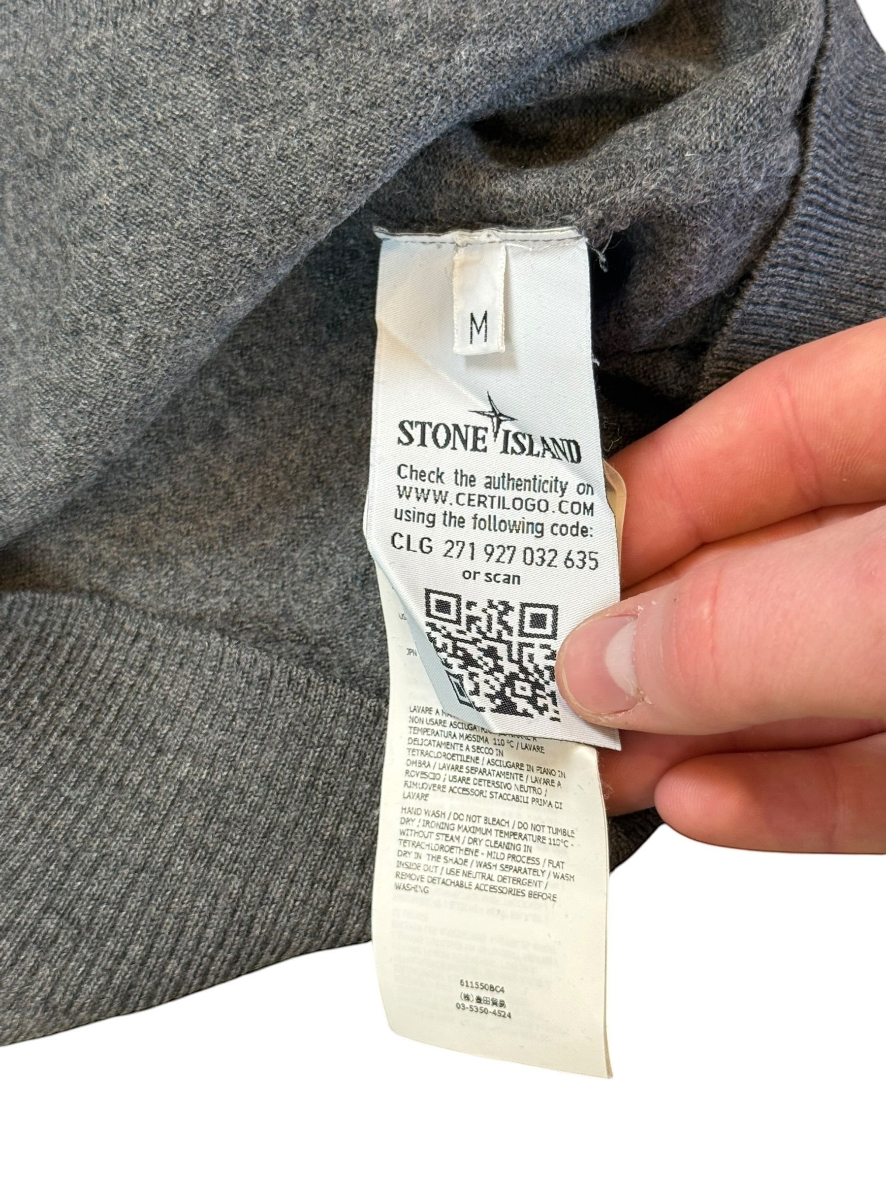 Archive No. 9 Stone Island grey Knit Jumper, size M, lightweight, with iconic arm badge.