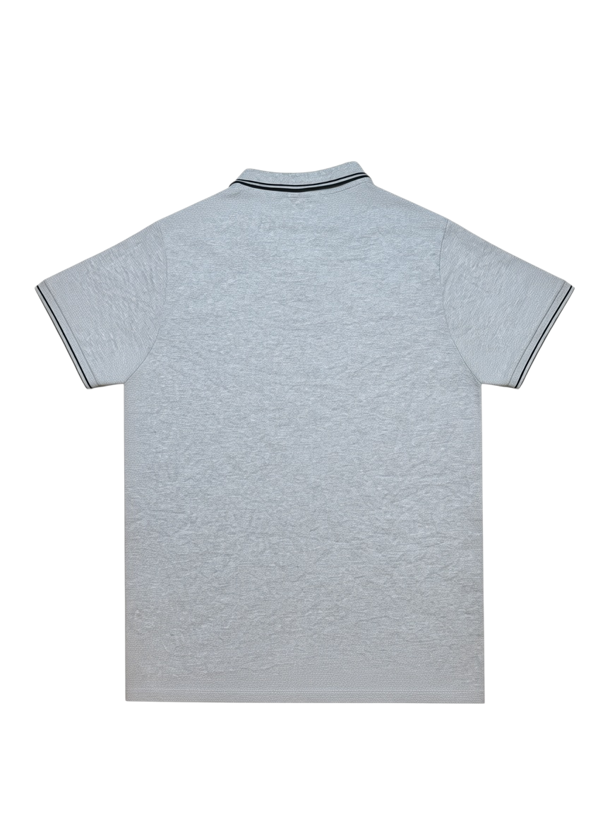 Back view of a grey Stone Island slim fit polo shirt in 100% cotton with striped collar and sleeve trim