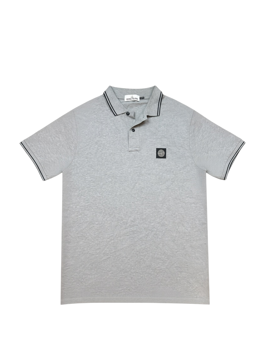 Archive No.9 Stone Island grey cotton slim fit polo shirt with iconic chest compass logo and striped collar trim