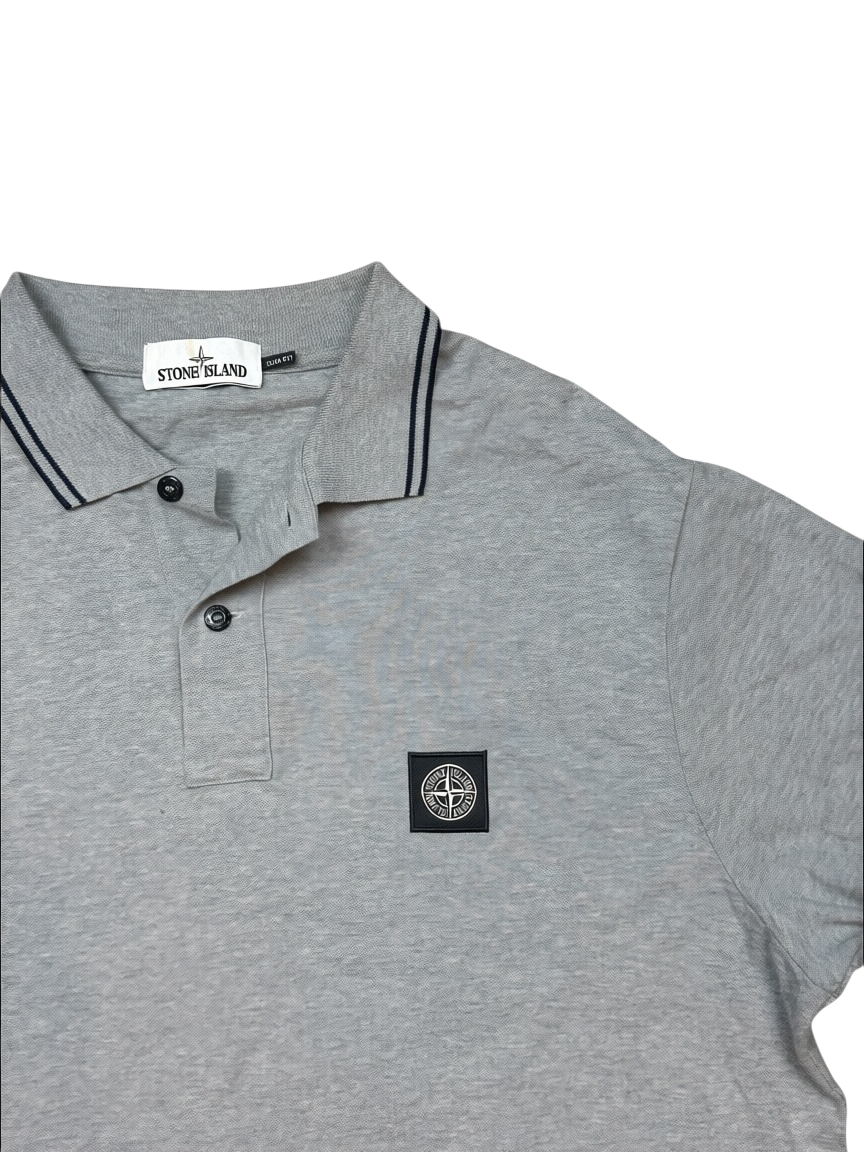 Archive No.9 Stone Island grey cotton polo shirt with chest compass logo and striped collar detail