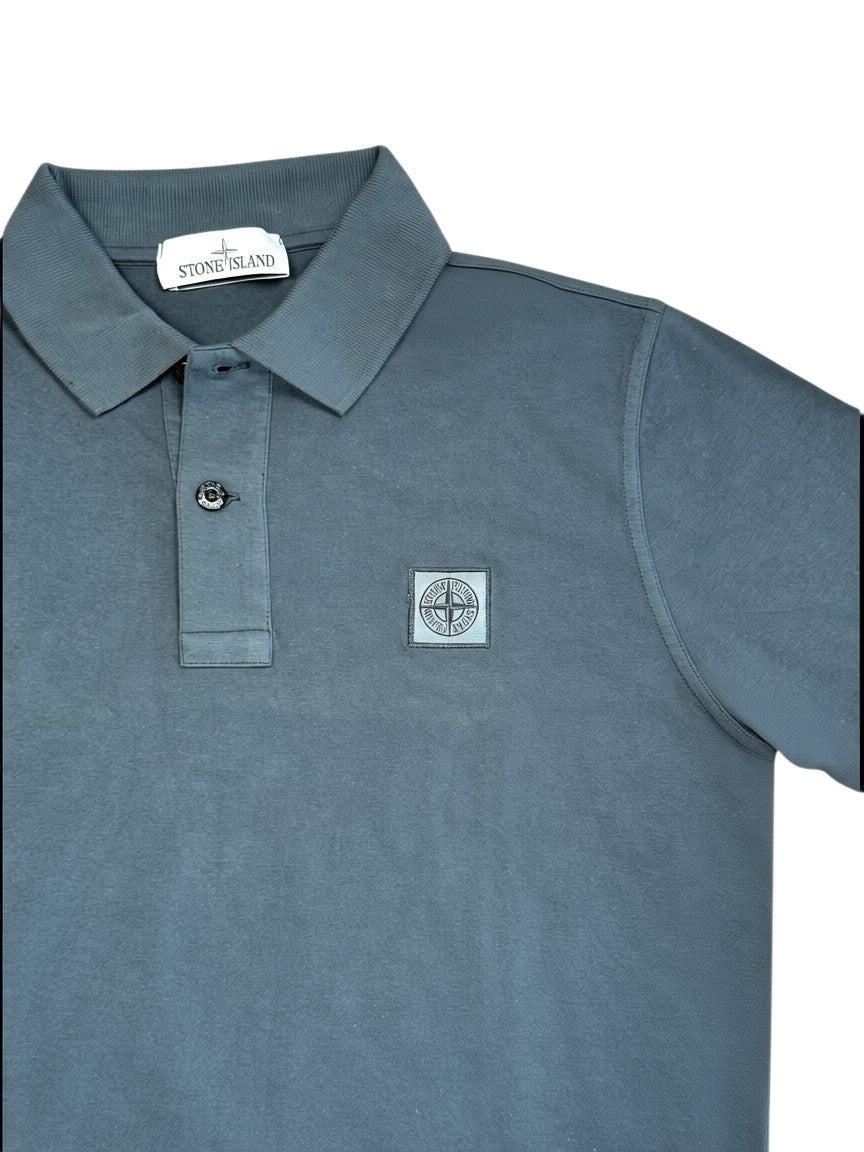 Archive No.9 Stone Island dark grey cotton polo shirt featuring the iconic chest compass logo and button placket.
