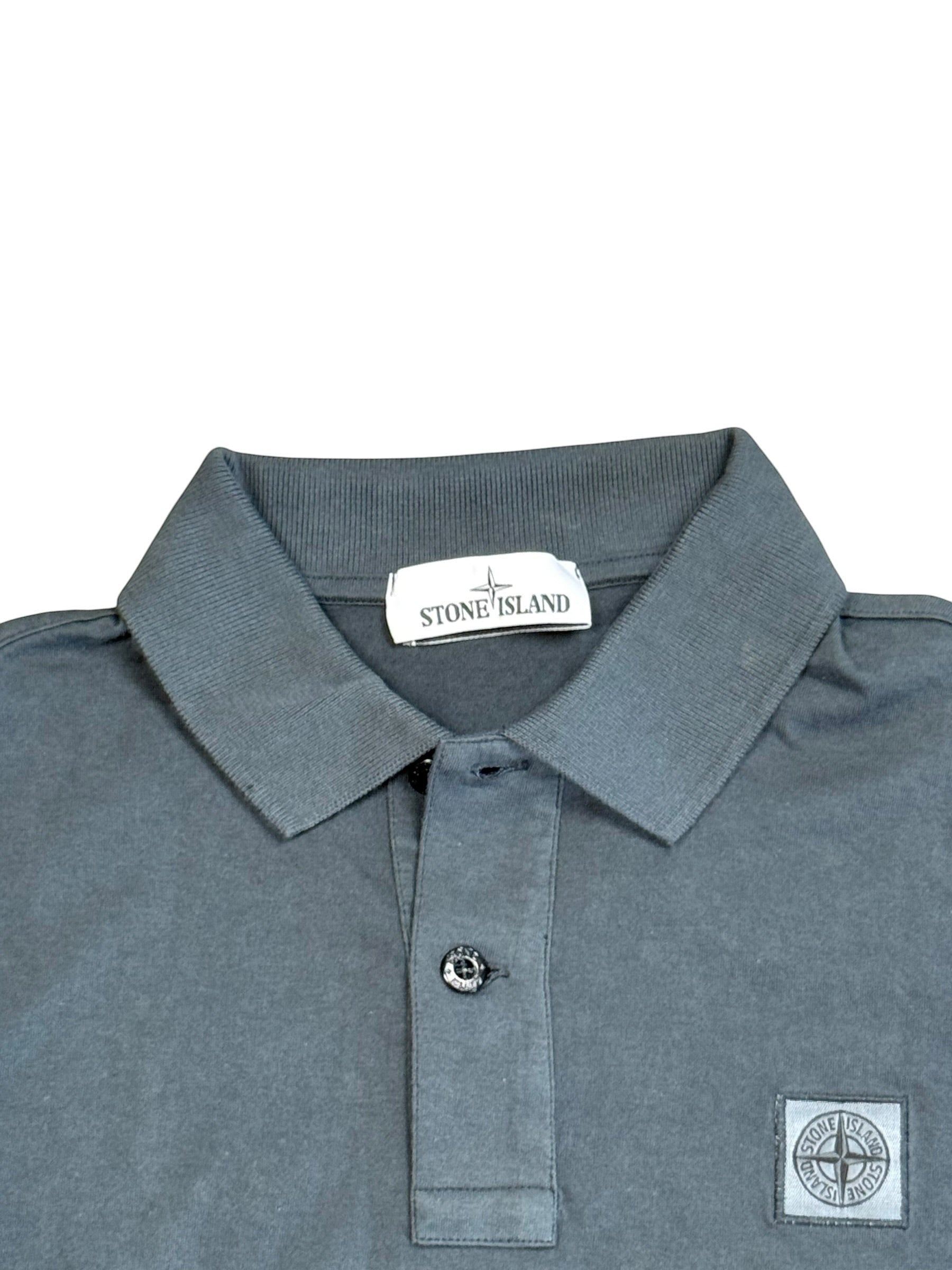 Archive No.9 Stone Island dark grey cotton polo shirt with collar, button placket, and chest compass logo patch