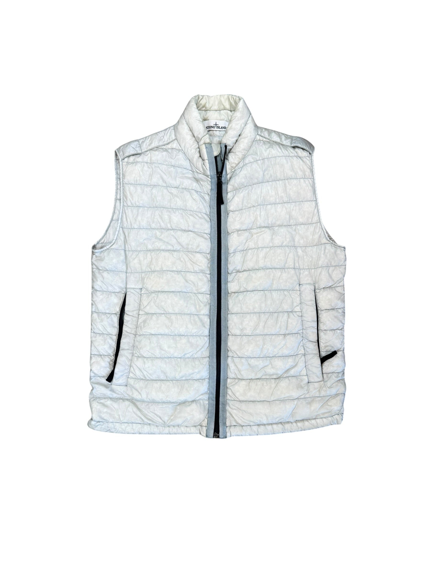 Archive No.9 Stone Island grey and white garment-dyed puffer body warmer vest with zip closure, size L.