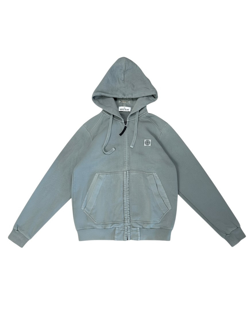 Archive No. 9 grey 100% cotton Stone Island zip-up hoodie with embroidered compass logo on chest, size S.