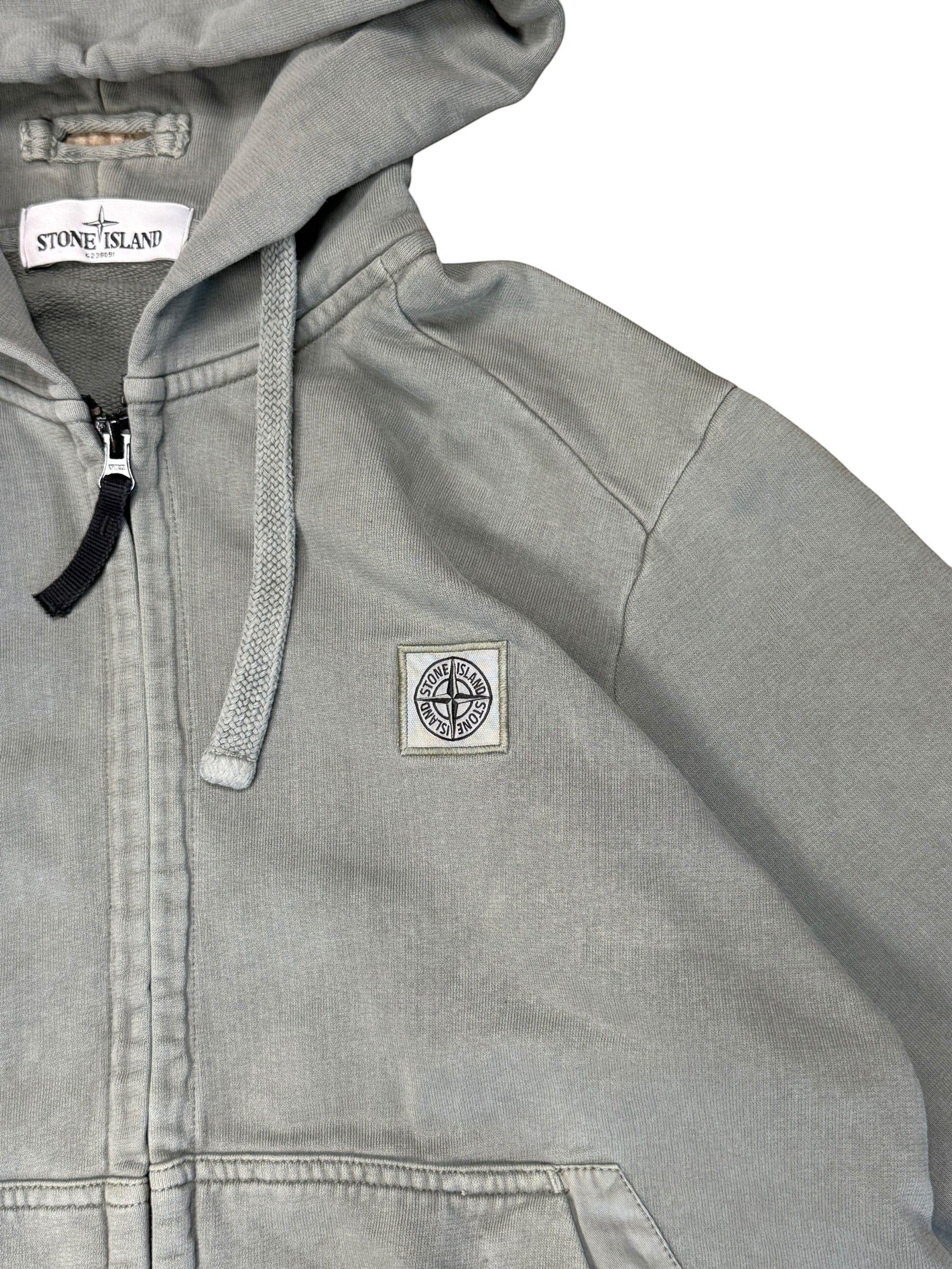Archive No. 9 grey Stone Island zip-up hoodie in 100% cotton with iconic compass logo on chest, drawstring hood, and elasticated cuffs.
