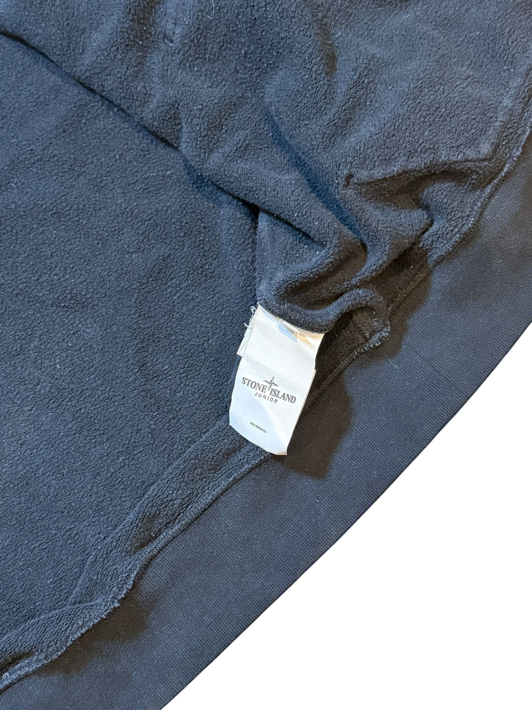 Archive No. 9 black Stone Island Junior hoodie with fleeced interior and compass badge detail. Size 14 / S.