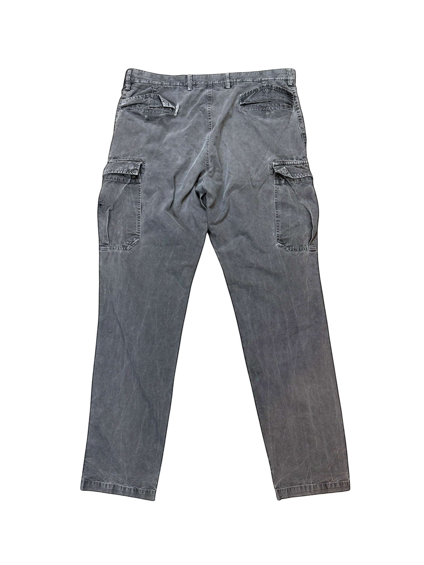 Archive No. 9 Stone Island khaki denim cargo trousers W34 with multiple pockets and a distressed finish.