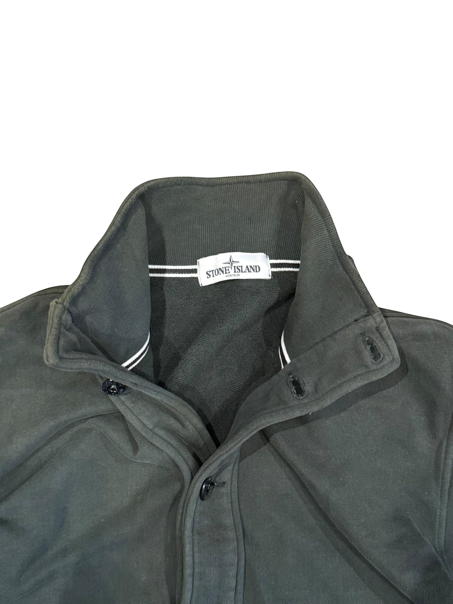 Archive No. 9 vintage Stone Island khaki cotton jumper with button closure and striped collar detail.