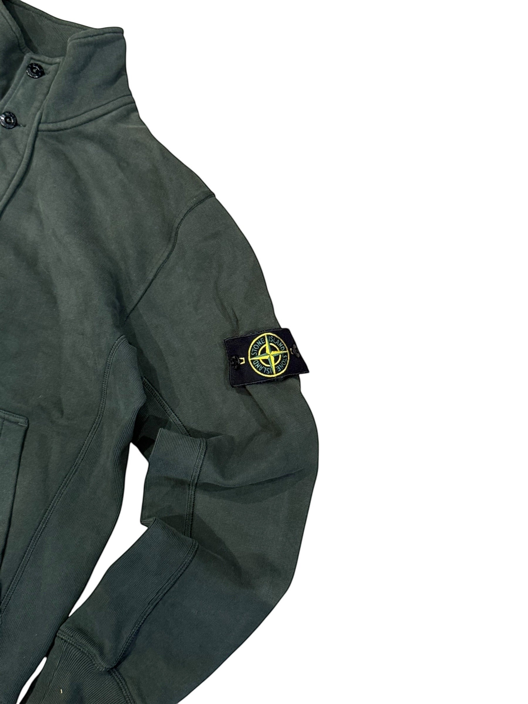 Archive No. 9 vintage Stone Island khaki cotton jumper with button collar and signature logo patch on sleeve. Size L.