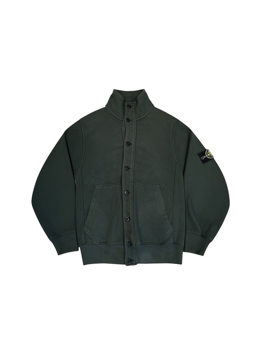 Archive No. 9 vintage khaki cotton Stone Island jumper with button front and signature badge on sleeve. Size L.