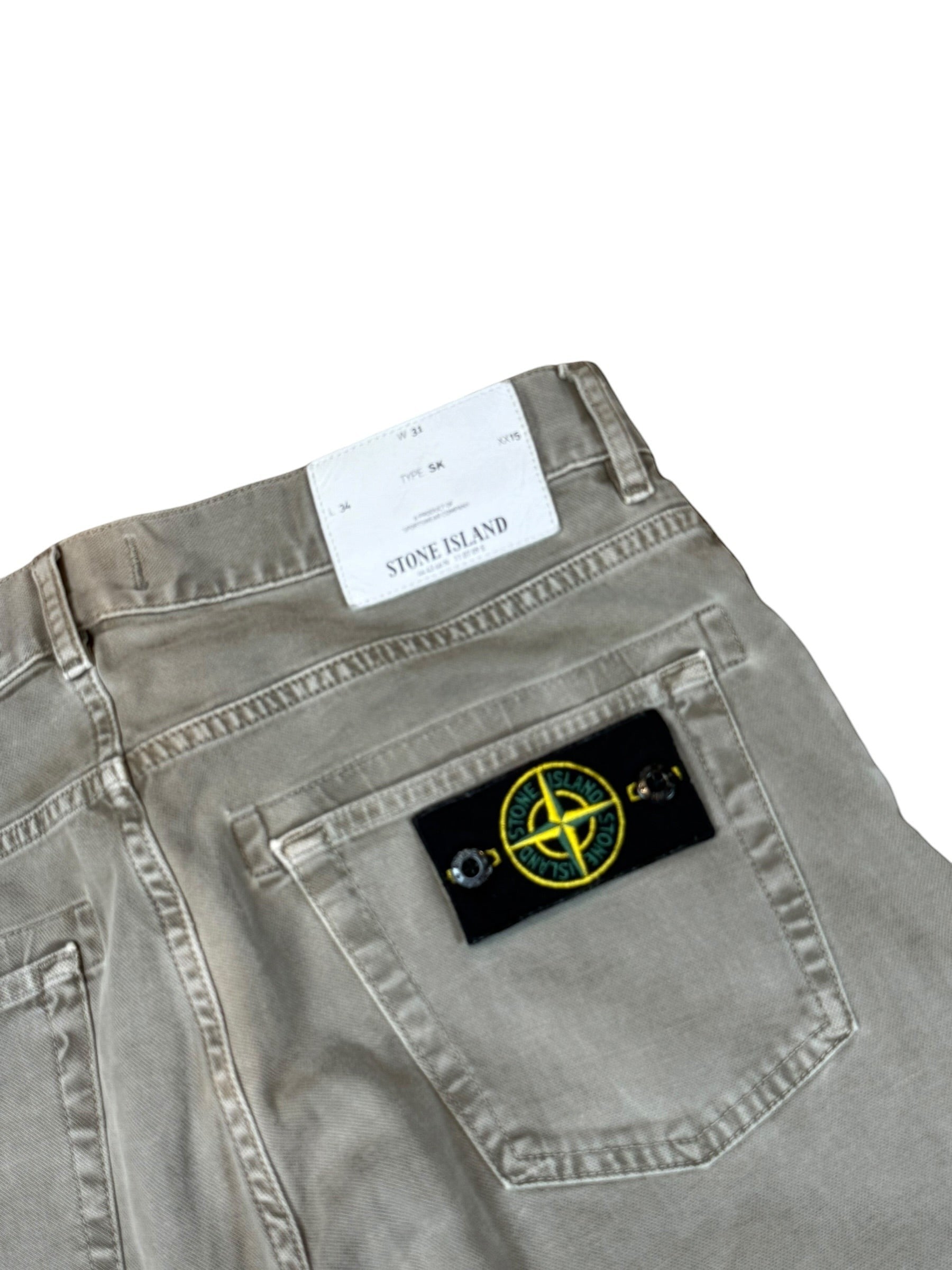 Archive No.9 Stone Island khaki 100% cotton jeans W31 with iconic compass badge on back pocket.