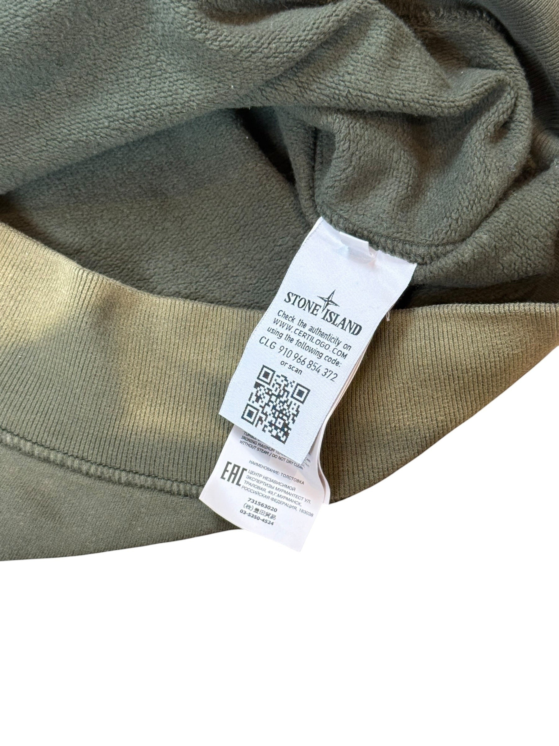 Archive No. 9 Stone Island khaki crew neck jumper, 100% cotton with a sun-faded, camo-like finish. Size L.