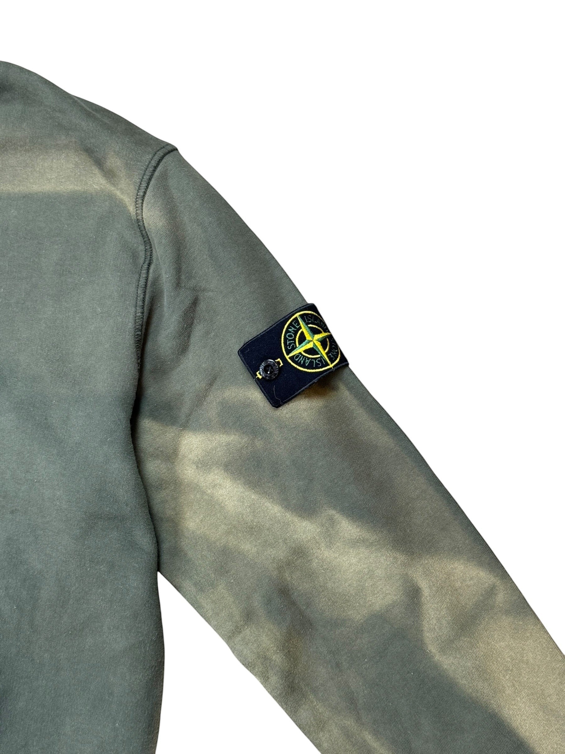 Archive No. 9 Stone Island khaki crew neck jumper, 100% cotton, sun-faded finish with camo-like appearance, size L.