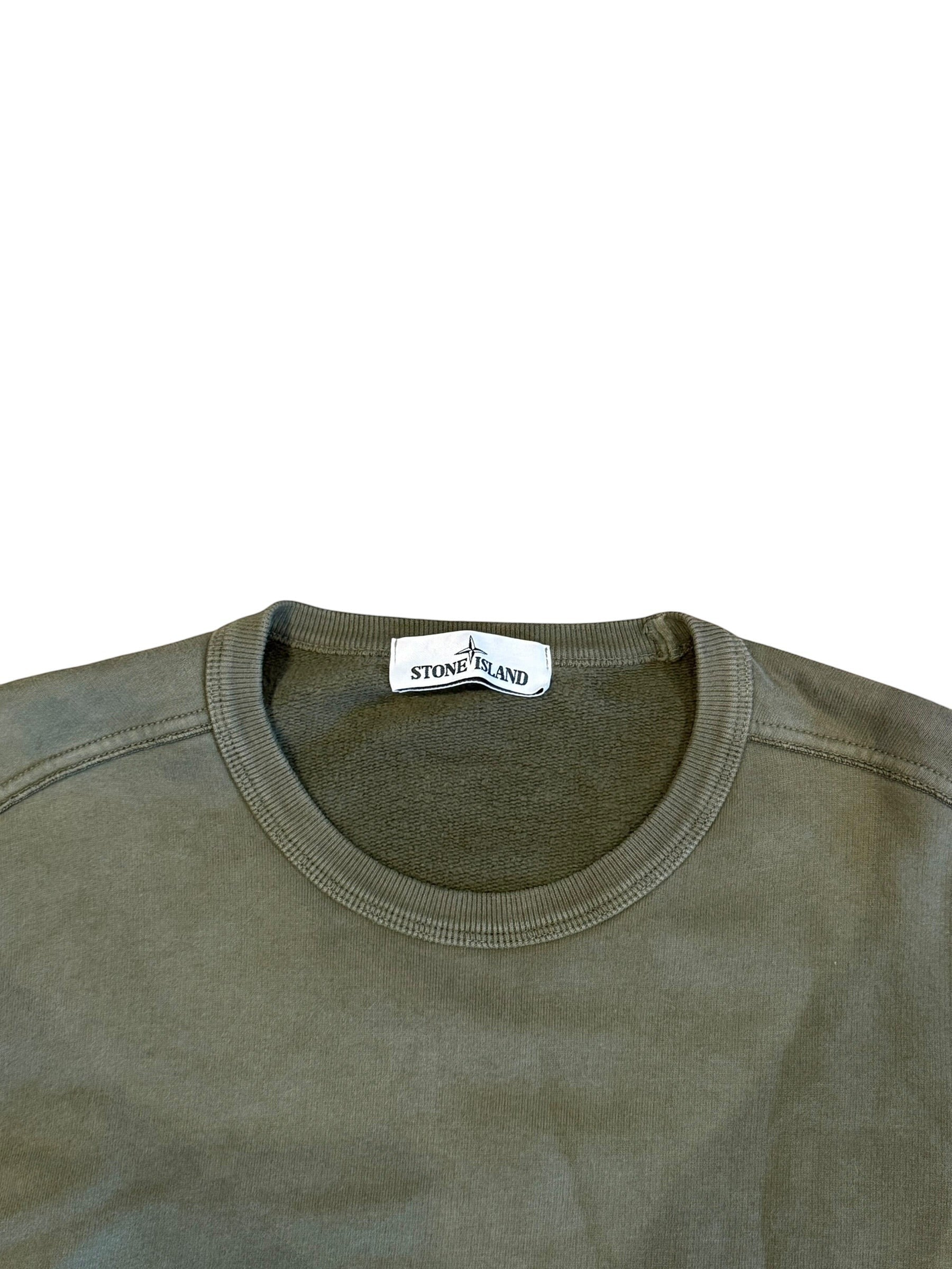 Archive No. 9 Stone Island khaki Crew Neck jumper, size Medium, with fleece interior and iconic compass badge on the arm.