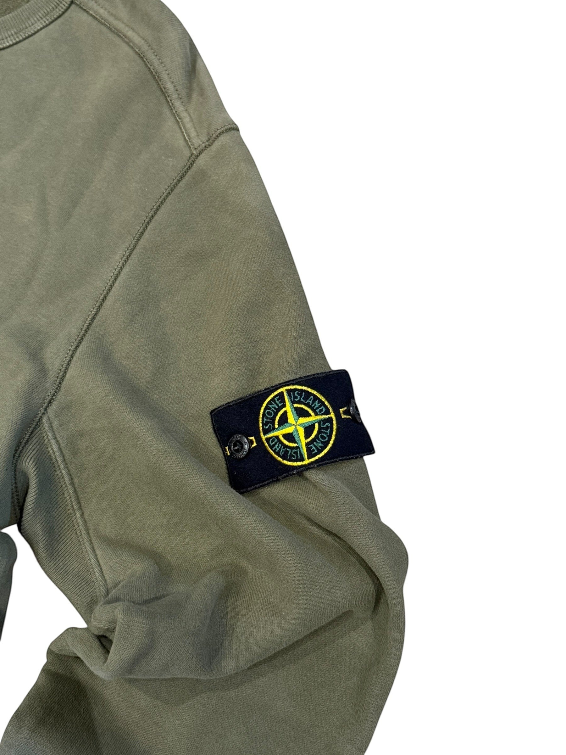 Archive No. 9 Stone Island khaki Crew Neck jumper, size Medium, with fleece interior and iconic compass badge on the sleeve.