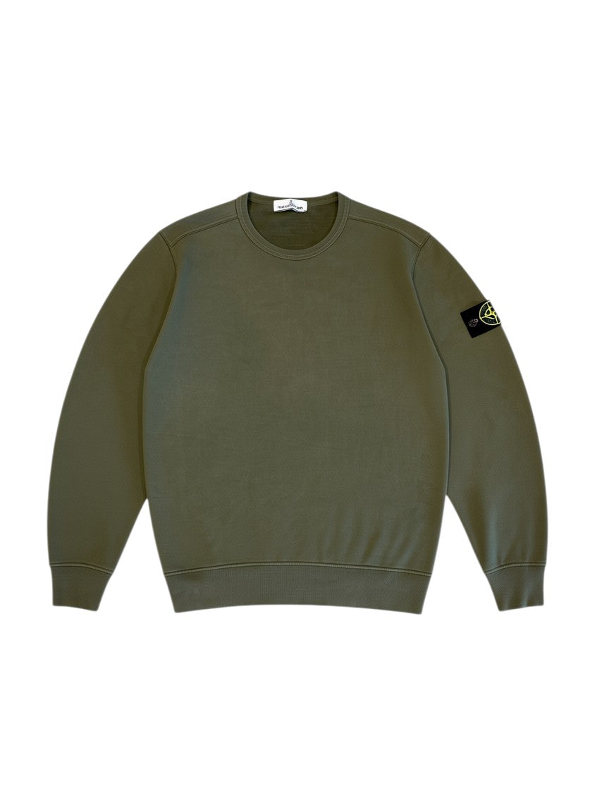 Archive No. 9 khaki Stone Island Crew Neck jumper with fleece interior and iconic compass badge on the sleeve. Size Medium.
