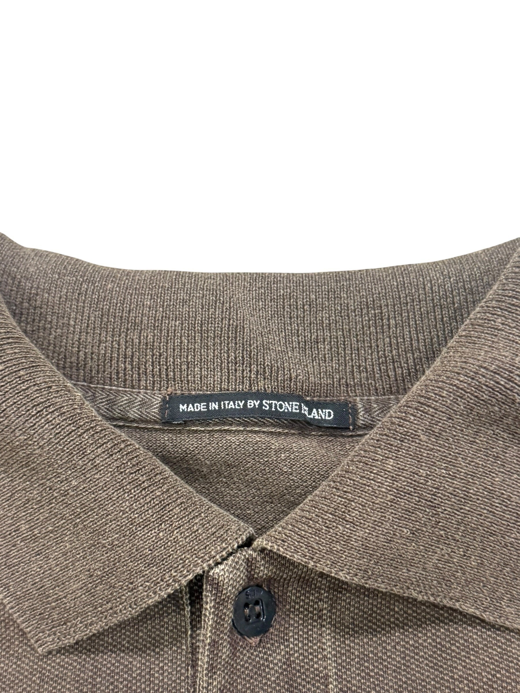 Archive No. 9 Stone Island khaki knit polo shirt, size S, made in Italy. Features a ribbed collar and button placket.