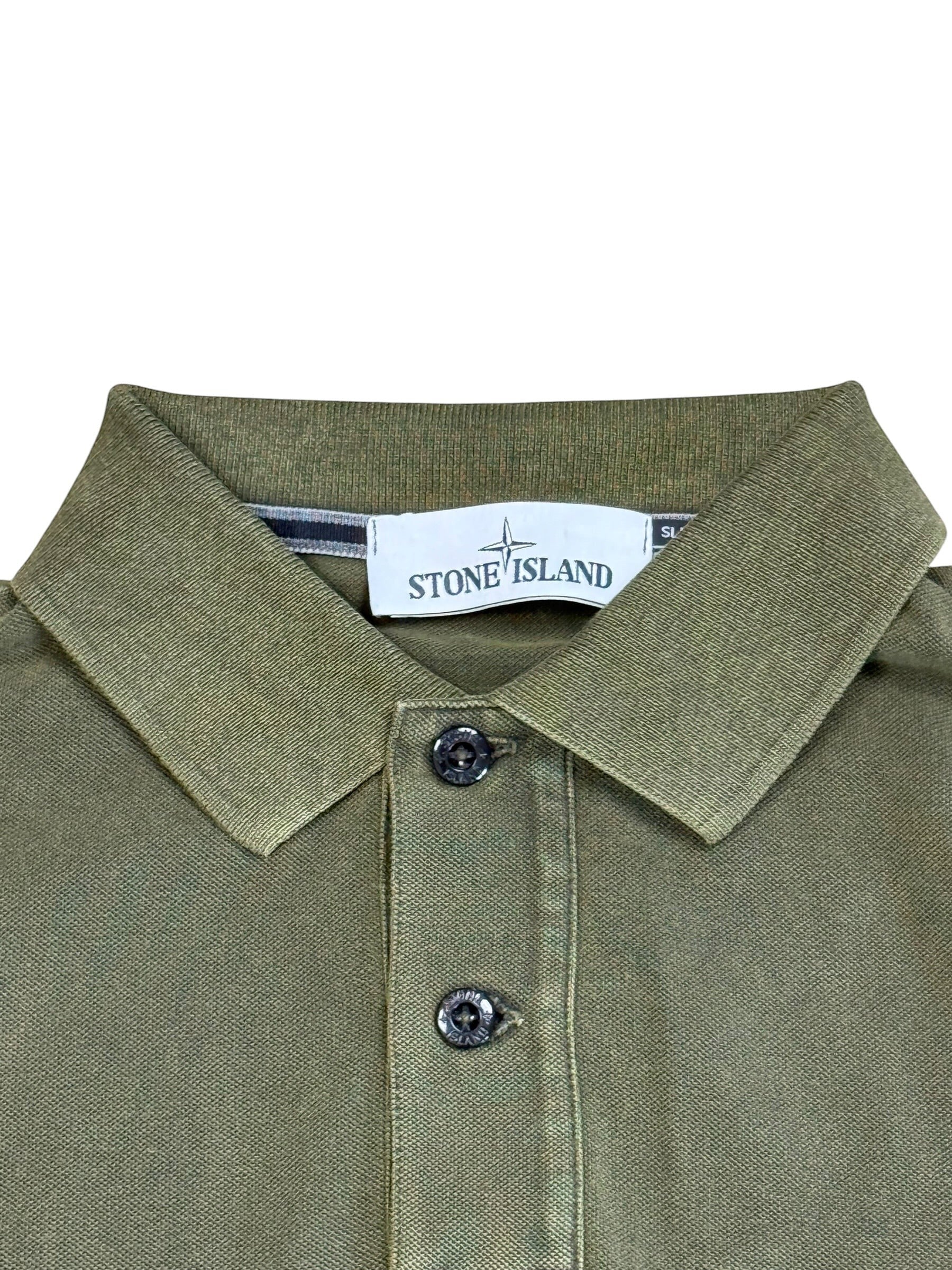 Archive No.9 Stone Island khaki cotton polo shirt with branded buttons and collar tag