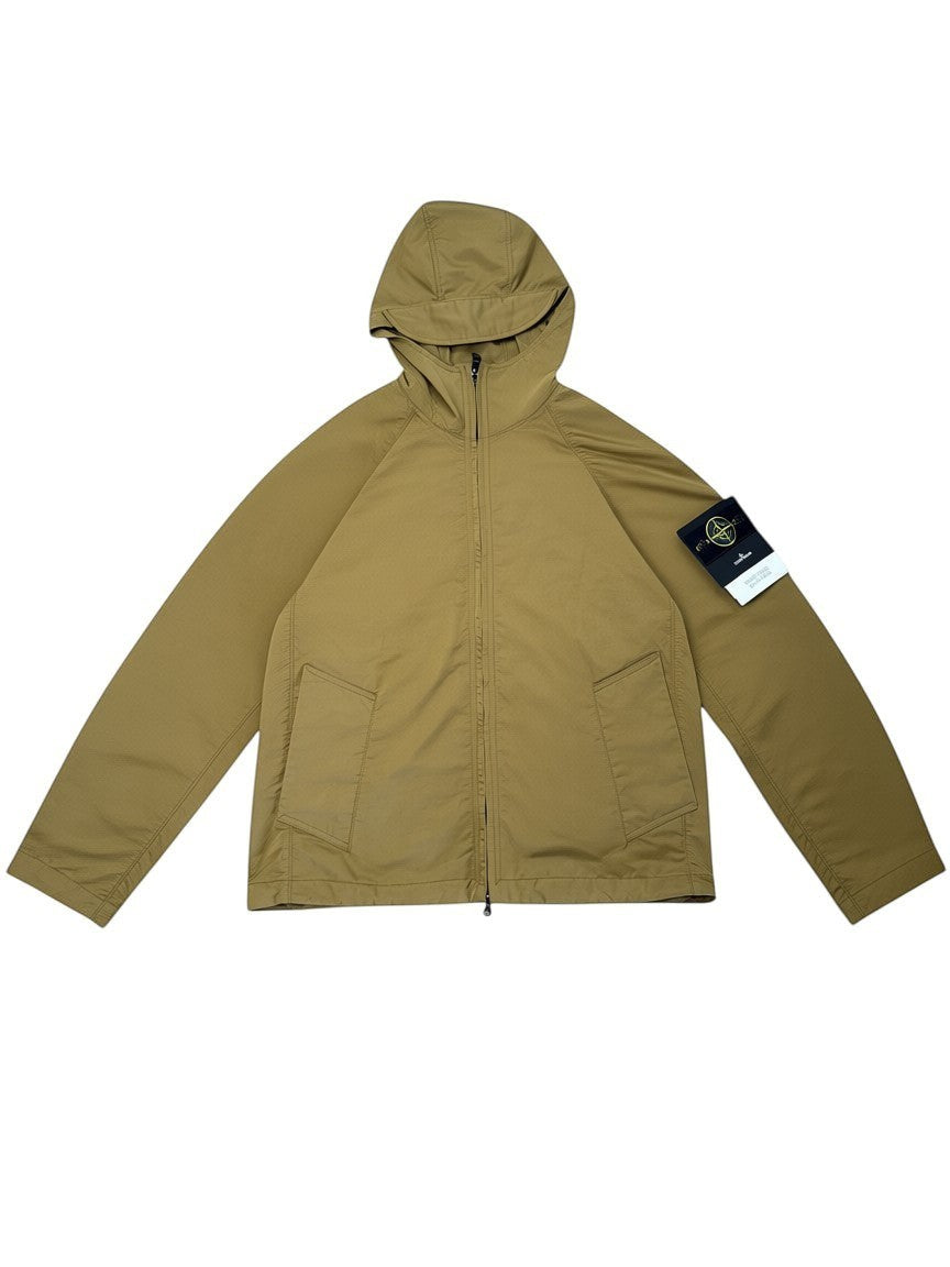 Archive No. 9 Stone Island khaki hooded windbreaker jacket, size L, made from Hyper Dense Nylon Raso. Features waterproof and wind-resistant.