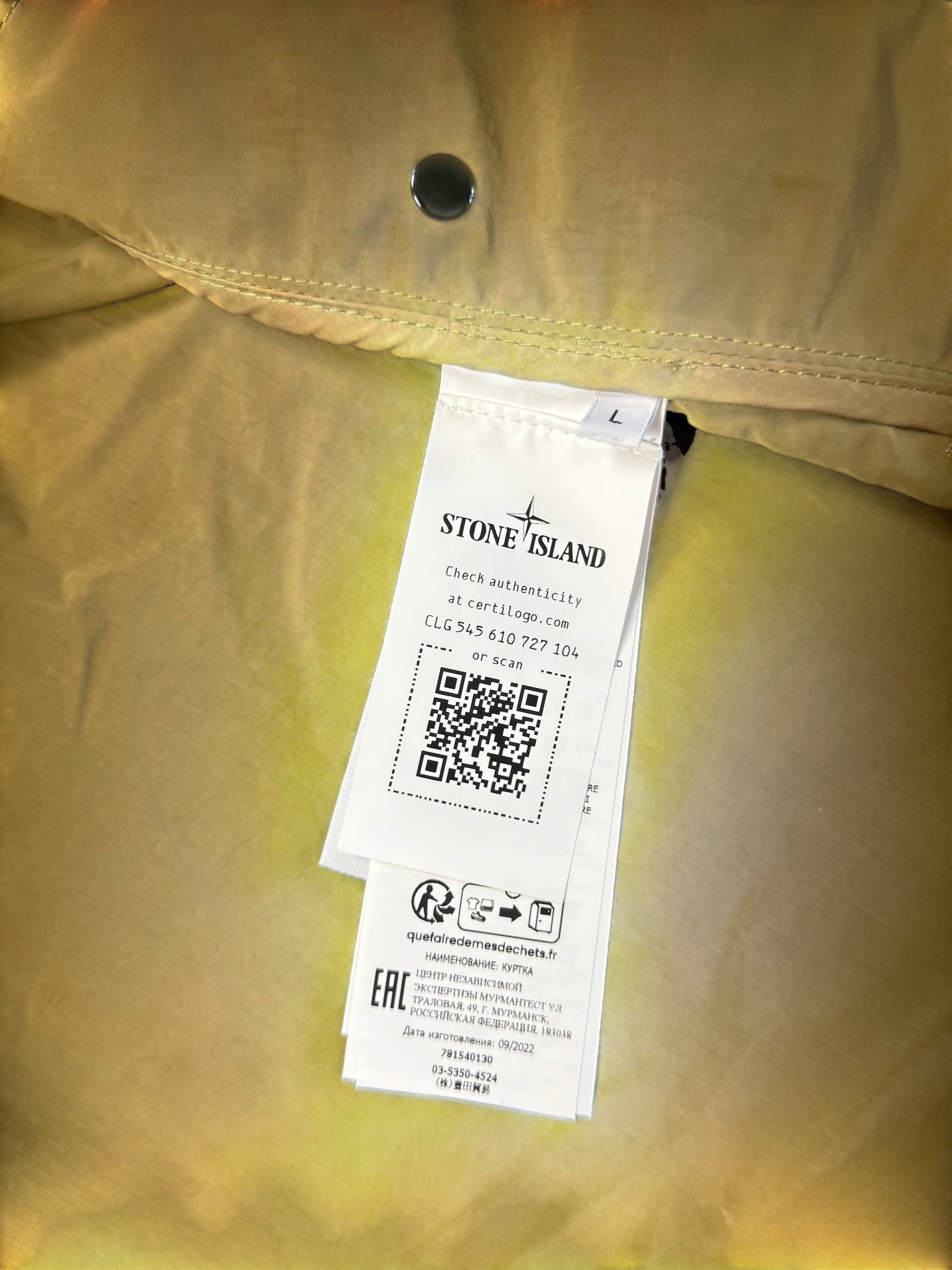 Archive No. 9 Stone Island Hyper Dense Nylon Raso windbreaker jacket in khaki, size L. Features waterproof and breathable nylon.