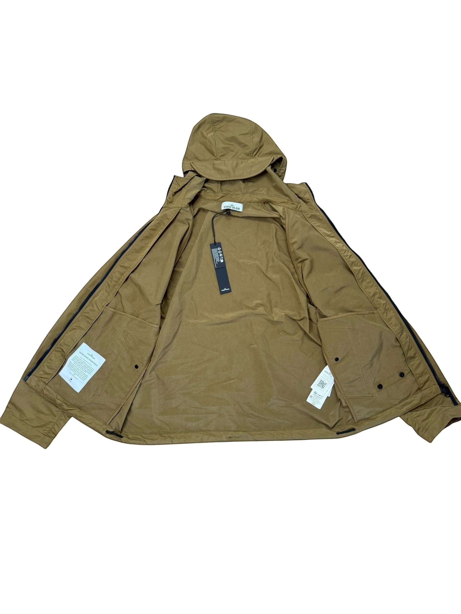 Archive No.9 Stone Island khaki Hyper Dense Nylon Raso windbreaker jacket, size L, with hood and tags.