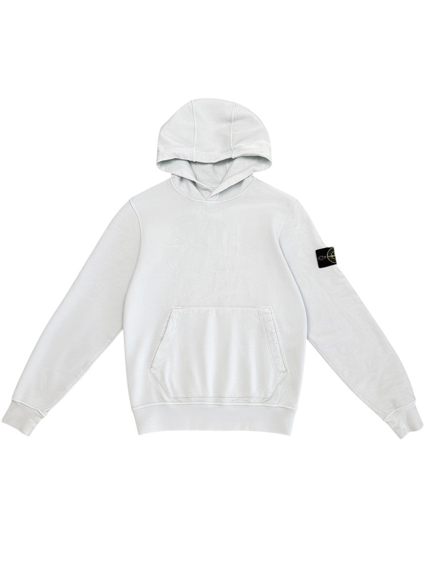Archive No.9 light blue Stone Island pullover hoodie with front pocket and signature badge on sleeve. Size M.