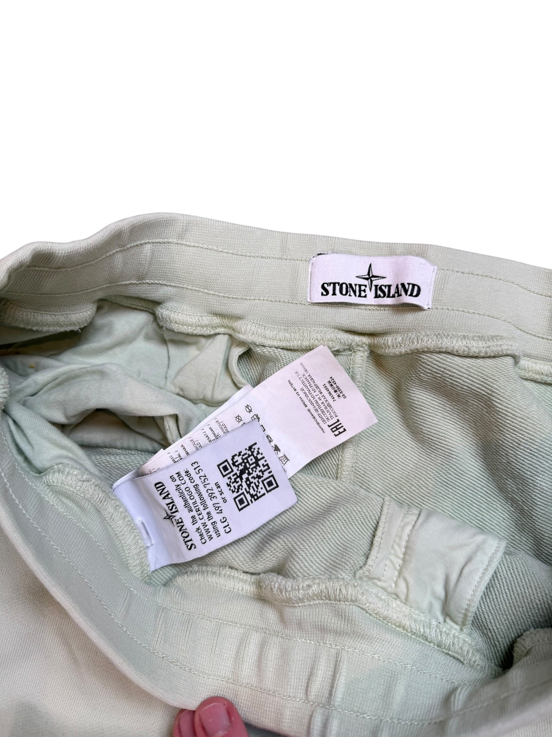 Archive No. 9 Stone Island mint green cotton joggers, size XL, with elasticated waist and iconic badge detail.