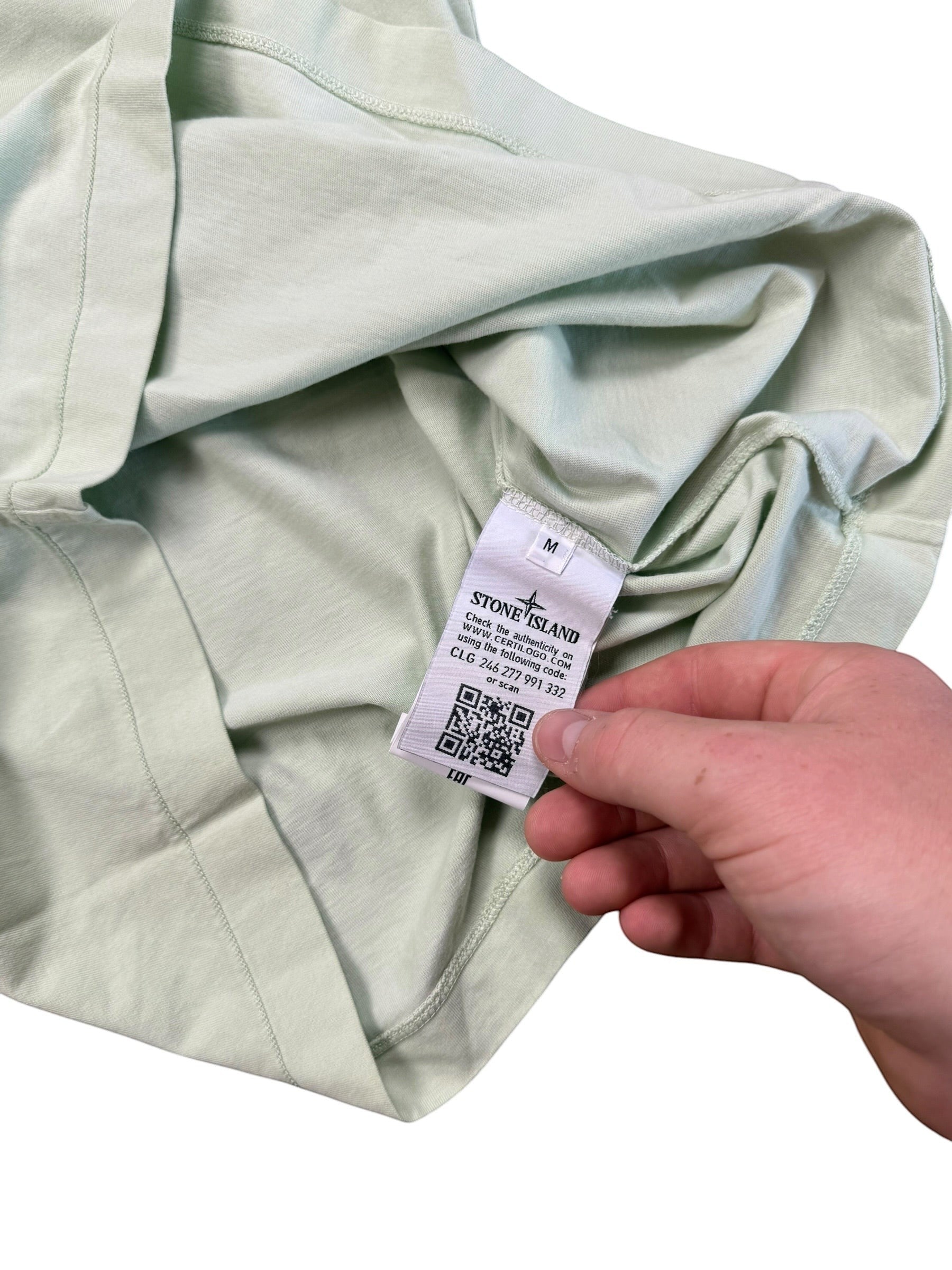 Archive No.9 Stone Island mint green cotton t-shirt interior label with Certilogo QR code and size M tag