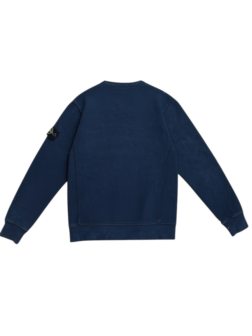 Archive No.9 Stone Island navy cotton crewneck jumper with iconic compass badge on the sleeve, back view.