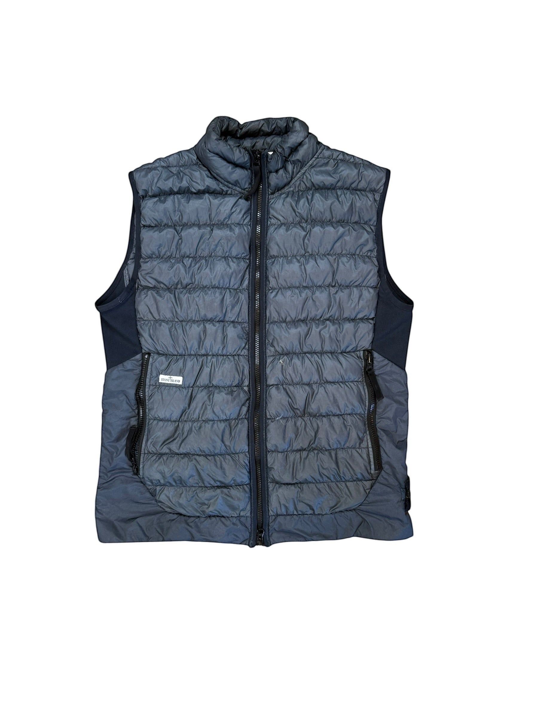 Archive No. 9 Stone Island navy micro yarn down body warmer, size L. Lightweight, insulated, and functional.