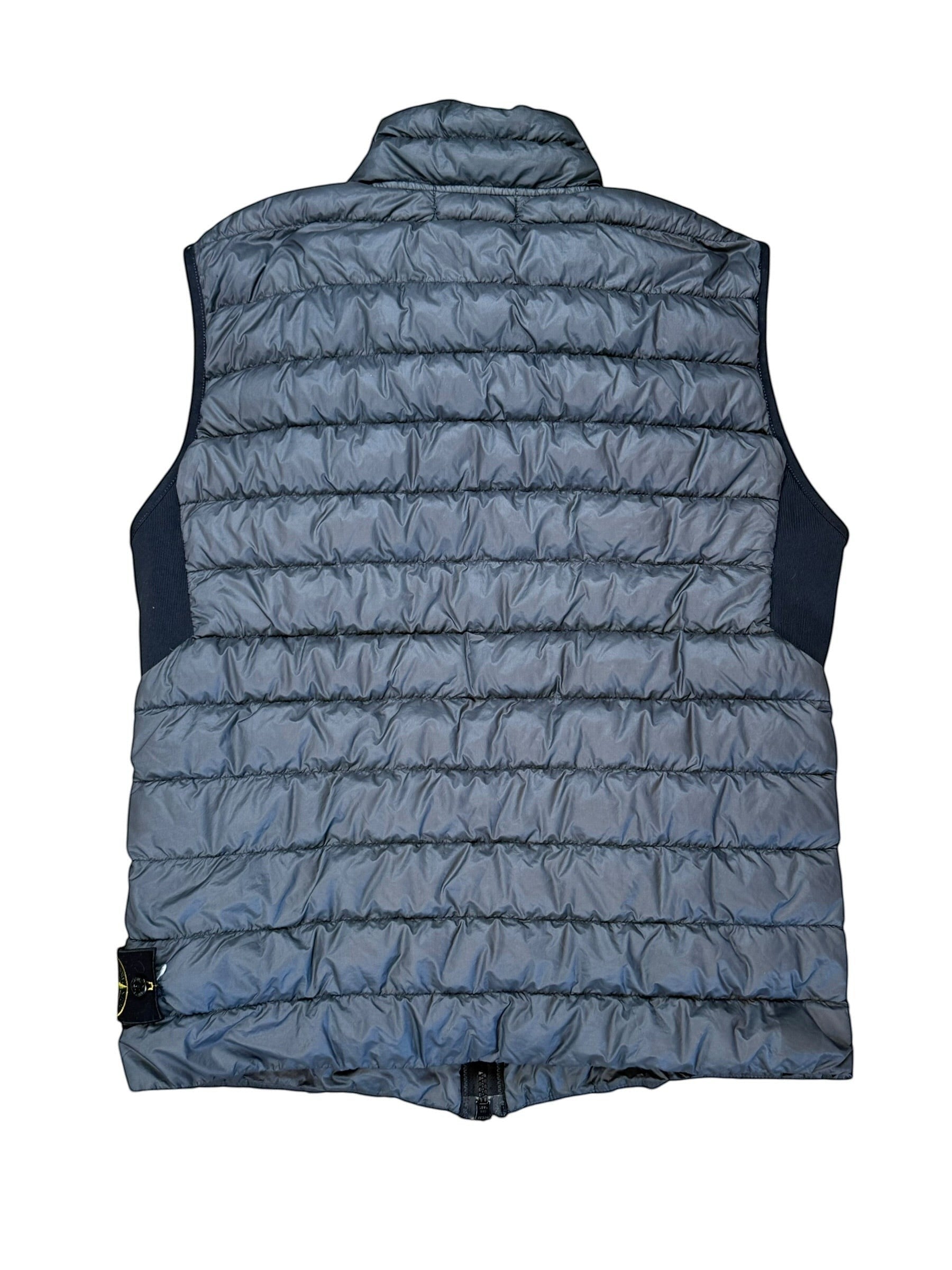 Archive No. 9 navy Stone Island micro yarn down filled body warmer, size L. Lightweight insulation with quilted design and zip front.