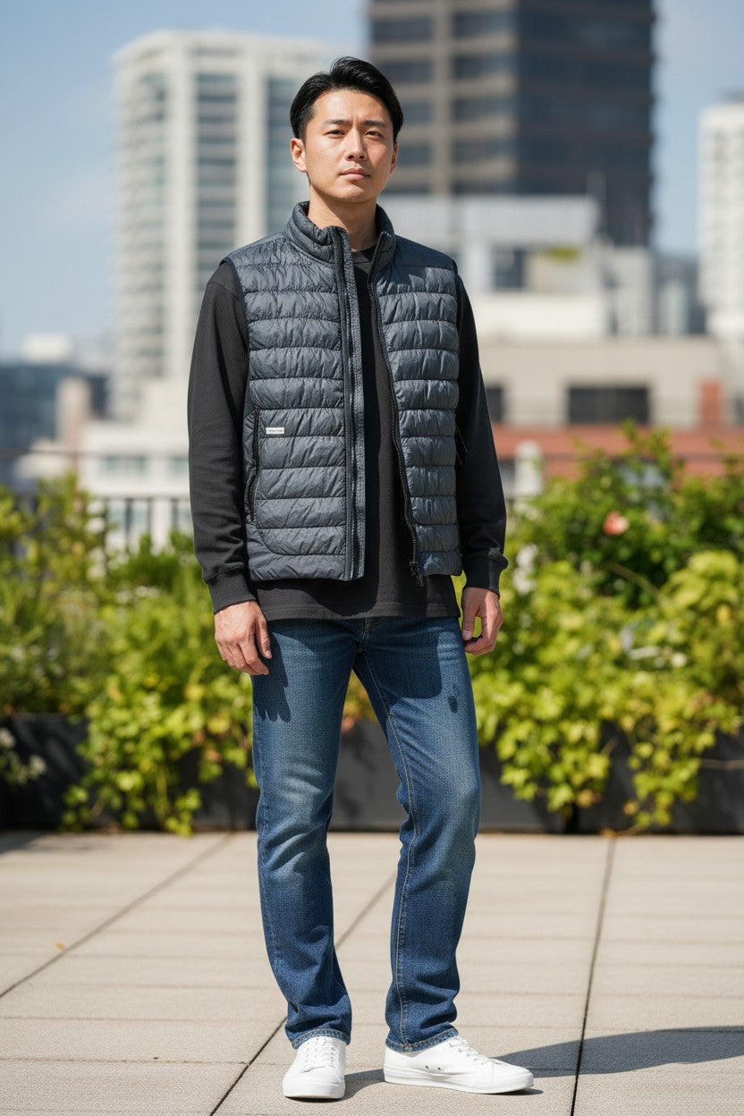 Archive No.9 navy blue Stone Island micro yarn down filled body warmer vest with zip pockets and stand collar, size L.