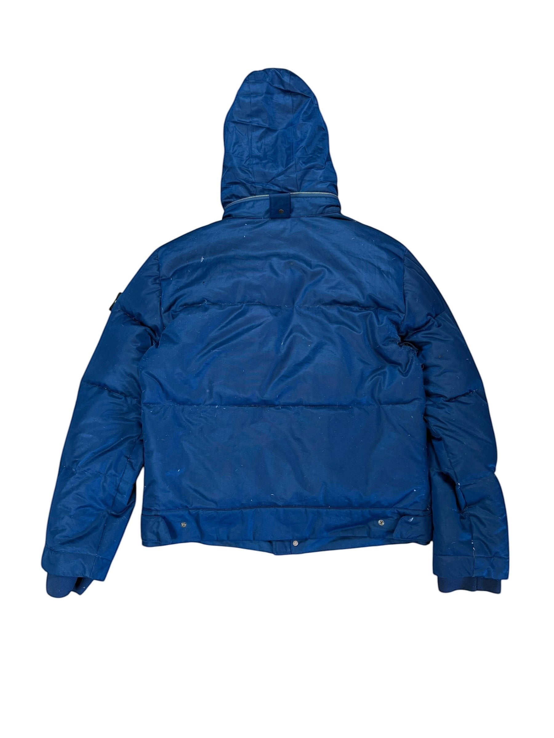 Archive No. 9 Stone Island navy blue down puffer jacket with hood, size XL. Weatherproof exterior.