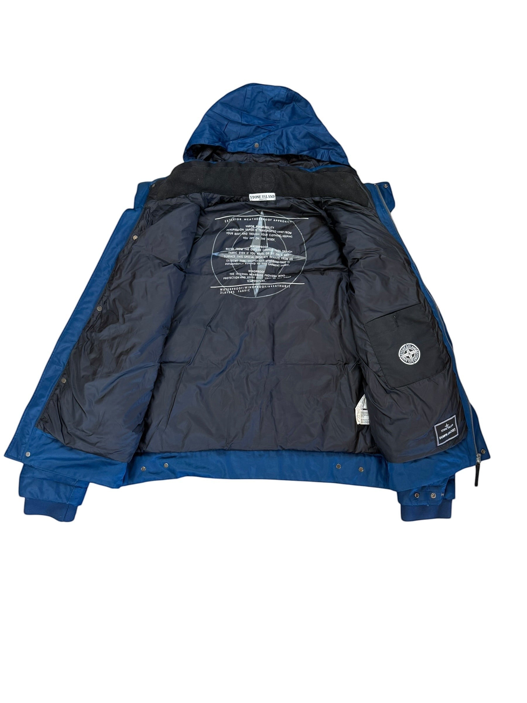 Archive No. 9 navy blue Stone Island down puffer jacket with hood, XL fit. Weatherproof exterior.