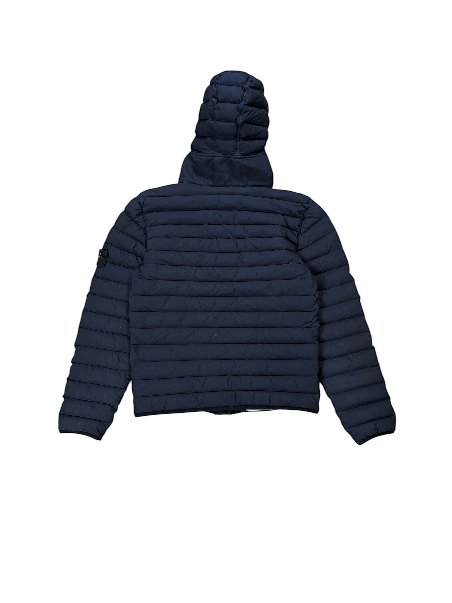 Archive No. 9 navy blue Stone Island down puffer jacket with hood, size S. Lightweight and insulated.