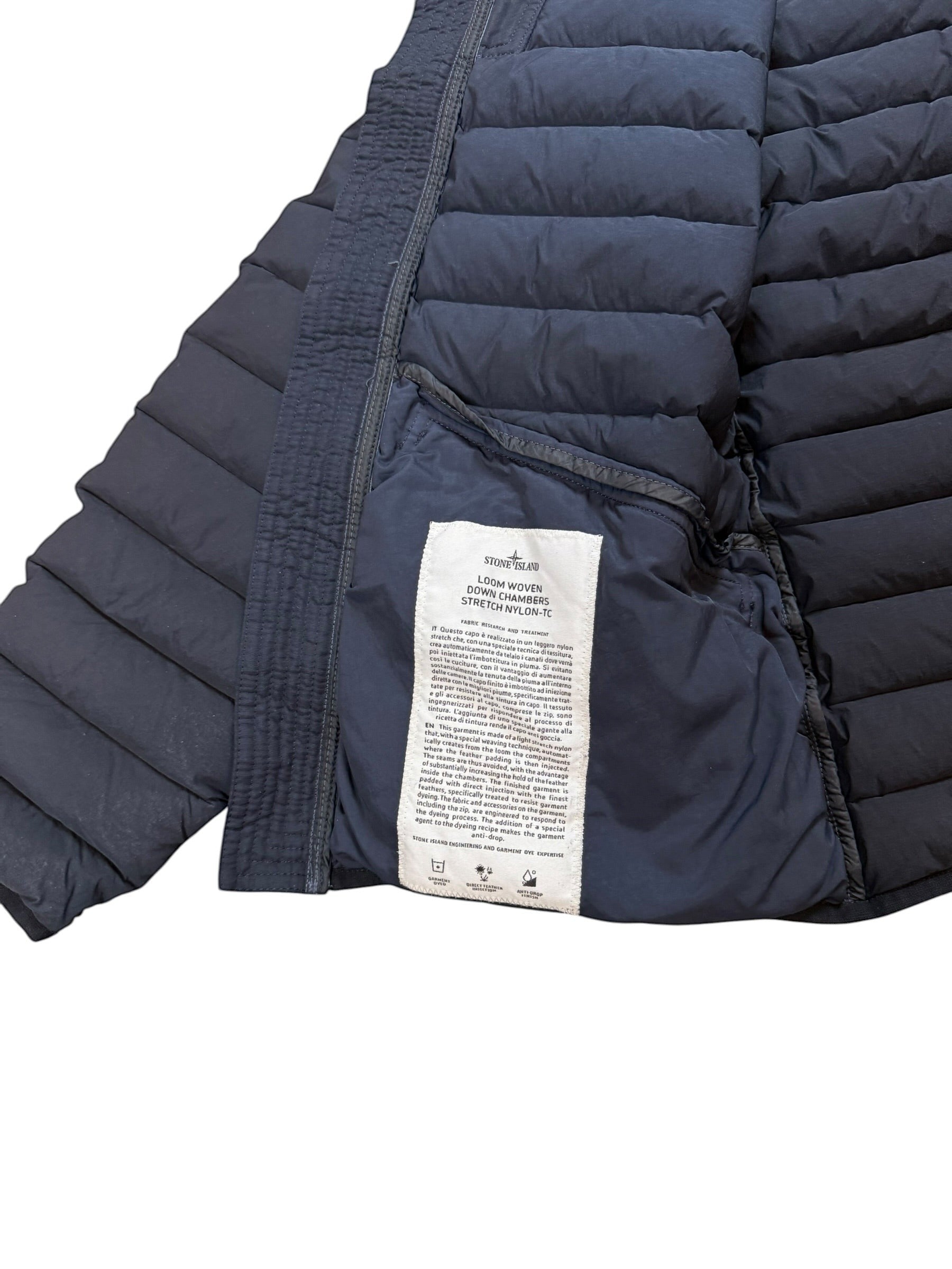 Archive No.9 navy blue Stone Island down-filled puffer jacket, size S, lightweight and insulated.