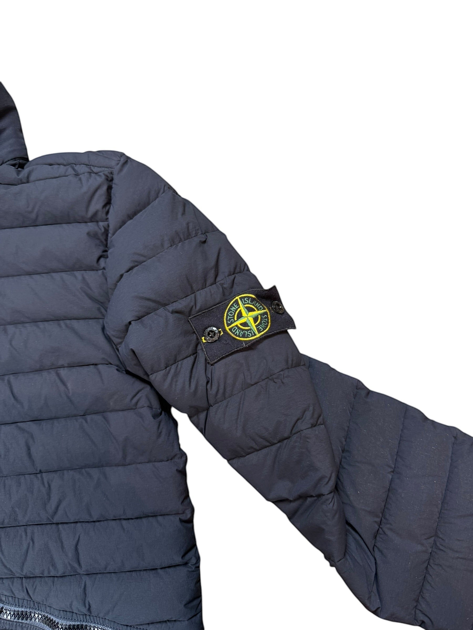 Archive No. 9 navy down-filled puffer jacket with Stone Island badge on sleeve, size S.
